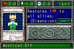 Mystical Elf (ホーリー・エルフ) — level 1 Spellcaster — 2 hearts, attack 10, defence 20 — faces Sum Sum Sum Sum Mov2 Mag4 — Restores 1HP to all allies. (Dimension)
