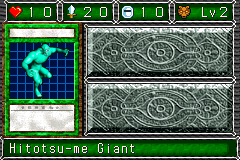 Hitotsu-me Giant (サイクロプス) — level 2 Beast — 1 heart, attack 20, defence 10 — faces Sum Sum Sum Mag Def2 Atk2