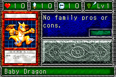 Baby Dragon (ベビー・ドラゴン) — level 1 Dragon, flying — 1 heart, attack 10, defence 10 — faces Sum Sum Sum Sum Mag Atk — No family pros or cons.