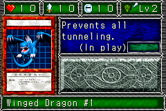 Winged Dragon #1 (砦を守る翼竜) — level 2 Dragon, flying — 1 heart, attack 10, defence 10 — faces Sum Sum Sum Mov3 Mag Mov2 — Prevents all tunneling. (In play)