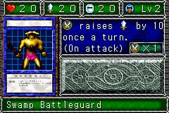 Swamp Battleguard (バーバリアン２号) — level 2 Warrior — 2 hearts, attack 20, defence 20 — faces Sum Sum Sum Tra Mov2 Atk2 — attack raises ATK by 10 once a turn. (On attack) — costs 1 attack