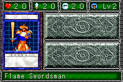 Flame Swordsman (炎の剣士) — level 2 Warrior — 2 hearts, attack 20, defence 20 — faces Sum Sum Sum Mov2 Mov Atk2
