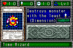 Time Wizard (時の魔術師) — level 1 Spellcaster — 1 heart, attack 0, defence 10 — faces Sum Sum Sum Sum Mov2 Mov3 — Destroys monster with the least ATK. (Dimension)