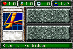 R Leg of Forbidden (封印されし者の右足) — level 3 Spellcaster — 1 heart, attack 10, defence 0 — faces Sum Sum Mov3 Def Mov2 Atk2