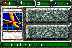 L Leg of Forbidden (封印されし者の左足) — level 3 Spellcaster — 1 heart, attack 10, defence 0 — faces Sum Sum Mov2 Def Mag Atk