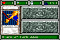 R Arm of Forbidden (封印されし者の右腕) — level 3 Spellcaster — 1 heart, attack 10, defence 0 — faces Sum Sum Mov3 Atk4 Mov2 Def2