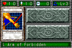 L Arm of Forbidden (封印されし者の左腕) — level 3 Spellcaster — 1 heart, attack 10, defence 0 — faces Sum Sum Mov3 Def Mov Atk