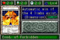 Exod. of Forbidden (封印されしエクゾディア) — level 4 Spellcaster — 2 hearts, attack 20, defence 20 — faces Sum Tra Mov Def4 Mov7 Atk2 — Automatic win if the 4 limbs exist. (Dimension)