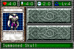 Summoned Skull (デーモンの召喚) — level 4 Spellcaster — 4 hearts, attack 40, defence 20 — faces Sum Mov3 Atk Def Mag Mov3