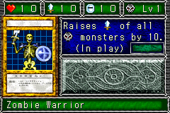 Zombie Warrior (アンデット・ウォーリアー) — level 1 Undead — 1 heart, attack 10, defence 10 — faces Sum Sum Sum Sum Def2 Atk — Raises ATK of all Undead monsters by 10. (In play)