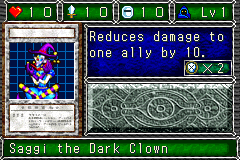 Saggi the Dark Clown (闇・道化師のサギー) — level 1 Spellcaster — 1 heart, attack 10, defence 10 — faces Sum Sum Sum Sum Def Tra — Reduces damage to one ally by 10. — costs 2 defence