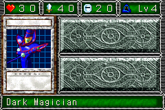 Dark Magician (ブラック・マジシャン) — level 4 Spellcaster — 3 hearts, attack 40, defence 20 — faces Sum Atk Mov2 Def2 Tra Mag