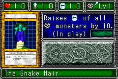 The Snake Hair (メデューサの亡霊) — level 1 Undead, flying — 1 heart, attack 10, defence 10 — faces Sum Sum Sum Sum Mag Mov — Raises DEF of all Undead monsters by 10. (In play)