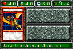 Gaia the Dragon Champion (竜騎士ガイア) — level 4 Dragon, flying — 4 hearts, attack 40, defence 30 — faces Sum Atk3 Mov4 Def Tra Mag2