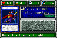 Gaia The Fierce Knight (暗黒騎士ガイア) — level 4 Warrior, reach — 4 hearts, attack 40, defence 20 — faces Sum Mov Mag3 Tra Atk Def — Able to attack flying monsters.