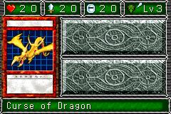 Curse of Dragon (カース・オブ・ドラゴン) — level 3 Dragon, flying — 2 hearts, attack 20, defence 20 — faces Sum Sum Def3 Mov3 Atk Mov