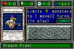 Dragon Piper (壺魔人) — level 1 Spellcaster — 1 heart, attack 0, defence 10 — faces Sum Sum Sum Sum Def Mag — Limits Dragon monsters to 1 move/2 turns. (In play)