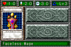 Faceless Mage (幻想師・ノー・フェイス) — level 3 Spellcaster — 1 heart, attack 20, defence 30 — faces Sum Sum Atk Mov3 Def2 Mov3