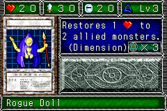 Rogue Doll (ホーリー・ドール) — level 3 Spellcaster — 2 hearts, attack 30, defence 20 — faces Sum Sum Atk Def Mov Atk — Restores 1 HP to 2 allied monsters. (Dimension) — costs 3 magic