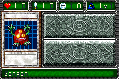Sangan (クリッター) — level 1 Spellcaster — 1 heart, attack 10, defence 10 — faces Sum Sum Sum Sum Mag4 Def2