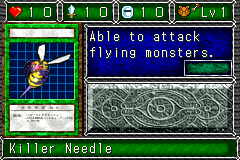 Killer Needle (キラー・ビー) — level 1 Beast, reach — 1 heart, attack 10, defence 10 — faces Sum Sum Sum Sum Atk Mov — Able to attack flying monsters.