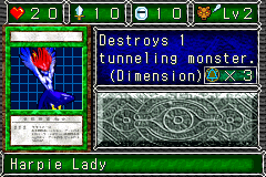 Harpie Lady (ハーピィ・レディ) — level 2 Beast, flying — 2 hearts, attack 10, defence 10 — faces Sum Sum Sum Mov Mag3 Mov — Destroys 1 tunneling monster. (Dimension) — costs 3 magic
