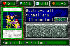 Harpie Lady Sisters (ハーピィ・レディ三姉妹) — level 3 Beast — 2 hearts, attack 20, defence 20 — faces Sum Sum Mov2 Def Atk3 Tra2 — Destroys all tunnellers. (Dimension) — costs 4 magic