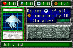 Jellyfish (海月：ジェリーフィッシュ) — level 1 Beast — 1 heart, attack 10, defence 10 — faces Sum Sum Sum Sum Mov Mag2 — Raises DEF of all Beast monsters by 10. (In play)