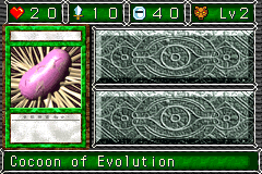 Cocoon of Evolution (進化の繭（まゆ）) — level 2 Beast — 2 hearts, attack 10, defence 40 — faces Sum Sum Sum Atk Mag Tra3
