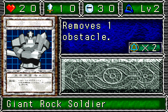 Giant Rock Soldier (岩石の巨兵) — level 2 Spellcaster — 2 hearts, attack 10, defence 30 — faces Sum Sum Sum Def2 Mov2 Tra — Removes 1 obstacle. — costs 2 magic