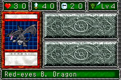 Red-eyes B. Dragon (真紅眼の黒竜：レッドアイズ・ブラックドラゴン) — level 4 Dragon, flying — 3 hearts, attack 40, defence 20 — faces Sum Atk Mov2 Def2 Mag2 Tra2