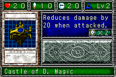 Castle of D. Magic (闇晦ましの城) — level 2 Spellcaster — 2 hearts, attack 10, defence 20 — faces Sum Sum Sum Def Mov Def — Reduces damage by 20 when attacked. — costs 2 defence