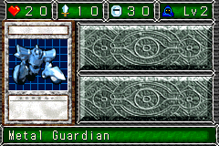 Metal Guardian (メタル・ガーディアン) — level 2 Spellcaster — 2 hearts, attack 10, defence 30 — faces Sum Sum Sum Atk Mov Def