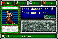 Mystic Horseman (ケンタウロス) — level 2 Beast — 4 hearts, attack 20, defence 10 — faces Sum Sum Sum Atk Mov2 Def — Adds damage to ATK. Once per turn. — costs 1 magic