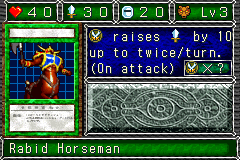 Rabid Horseman (ミノケンタウロス) — level 3 Beast — 4 hearts, attack 30, defence 20 — faces Sum Sum Def Atk2 Mov2 Mag — attack raises ATK by 10 up to twice/turn. (On attack) — costs 1 attack