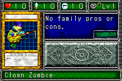 Clown Zombie (マーダーサーカス・ゾンビ) — level 1 Undead, tunnelling — 1 heart, attack 10, defence 10 — faces Sum Sum Sum Sum Tra4 Mov2 — No family pros or cons.