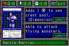 Battle Warrior (格闘戦士アルティメーター) — level 1 Warrior, reach — 2 hearts, attack 20, defence 10 — faces Sum Sum Sum Sum Mag Atk — Adds 1 attack to own crest pool. (Dimension) · Able to attack flying monsters. (In play)