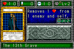 The 13th Grave (１３人目の埋葬者) — level 2 Undead, tunnelling — 1 heart, attack 0, defence 10 — faces Sum Sum Sum Mov7 Mag Atk — Removes 1 HP from 1 enemy and self. — costs 2 magic