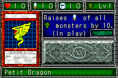 Petit Dragon (プチリュウ) — level 1 Dragon — 1 heart, attack 10, defence 10 — faces Sum Sum Sum Sum Tra Atk — Raises ATK of all Dragon monsters by 10. (In play)