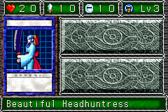 Beautiful Headhuntress (斬首の美女) — level 3 Warrior — 2 hearts, attack 10, defence 10 — faces Sum Sum Mag2 Mov4 Def Def