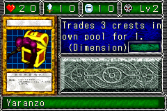 Yaranzo (ヤランゾ) — level 2 Undead — 2 hearts, attack 10, defence 10 — faces Sum Sum Sum Atk Mov2 Def — Trades 3 crests in own pool for 1. (Dimension)