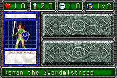 Kanan the Swordmistress (女剣士　カナン) — level 2 Warrior — 1 heart, attack 20, defence 10 — faces Sum Sum Sum Mov2 Def Def