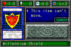 Millennium Shield (千年の盾) — level 3 Warrior — 1 heart, attack 0, defence 40 — faces Sum Sum Def4 Atk3 Mov3 Atk — * This item can't move.
