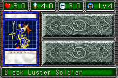 Black Luster Soldier (カオス・ソルジャー) — level 4 Warrior — 5 hearts, attack 40, defence 30 — faces Sum Mag Mov2 Atk Def Tra2