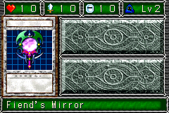Fiend's Mirror (デビルズ・ミラー) — level 2 Spellcaster — 1 heart, attack 10, defence 10 — faces Sum Sum Sum Atk Def2 Tra2