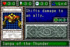 Sanga of the Thunder (雷魔神　サンガ) — level 4 Spellcaster — 3 hearts, attack 30, defence 30 — faces Sum Mov3 Atk3 Def Tra Mov — Shifts damage to an ally. — costs 3 trap