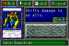 Gate Guardian (ゲート・ガーディアン) — level 4 Warrior — 5 hearts, attack 40, defence 40 — faces Sum Mov2 Def2 Atk Tra2 Mag3 — Shifts damage to an ally. — costs 3 trap