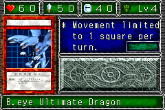 B.eye Ultimate Dragon (青眼の究極竜：ブルーアイズ・アルティメットＤ) — level 4 Dragon — 6 hearts, attack 50, defence 40 — faces Sum Atk Mag2 Mov Tra Def — * Movement limited to 1 square per turn.
