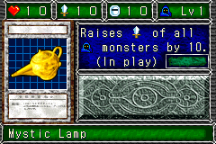 Mystic Lamp (魔法のランプ) — level 1 Spellcaster — 1 heart, attack 10, defence 10 — faces Sum Sum Sum Sum Mag Mag — Raises ATK of all Spellcaster monsters by 10. (In play)