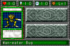 Man-eater Bug (人喰い虫) — level 1 Beast — 1 heart, attack 10, defence 10 — faces Sum Sum Sum Sum Mov Atk2